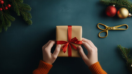 A pair of hands carefully tying a red ribbon on a beautifully wrapped gift, surrounded by festive holiday craft supplies like golden scissors, sprigs of greenery, and Christmas dec