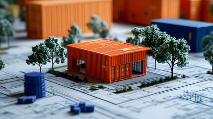 Sticker - A model of a shipping container structure amidst architectural plans.