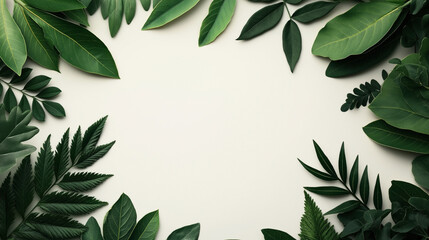 Poster - Green leaves of various shapes and sizes arranged in a border on a light background, creating a natural frame.