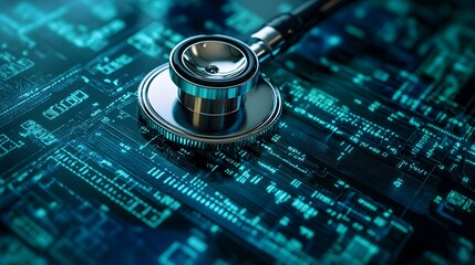 stethoscope on a futuristic digital interface