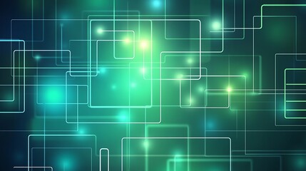 Fototapete - Abstract green and blue background with glowing squares and lines.