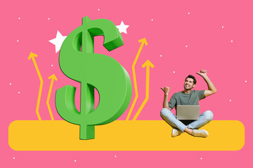 Poster - Composite artwork collage image picture of mini guy laptop point fingers huge dollar symbol isolated on creative background