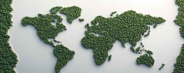 world map made of green leaves on a white isolated background.