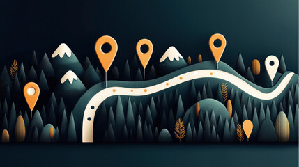 Poster - Illustration of a stylized landscape with mountains, trees, a curving road, and location markers in a minimalist design.