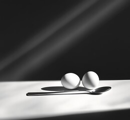 Two white eggs and a spoon on a table with light streaks shining down.