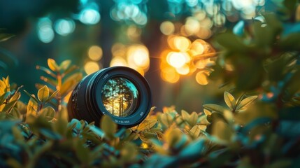 Wall Mural - A Camera Lens Reflecting a Sunset Through Trees