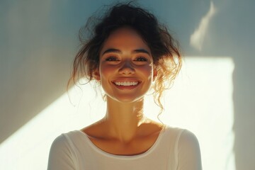 Happy young woman smiling while making a video chat on her smartphone, studio silhouette, Generative AI