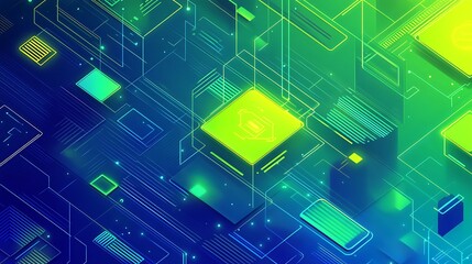 Poster - Abstract illustration of a green and blue circuit board with glowing lines and squares.