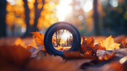 Wall Mural - a camera lens captures the golden hues of autumn in a forest