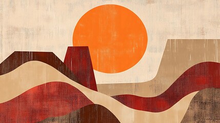 Poster - Abstract landscape painting with a large orange sun in the sky and brown and red hills.
