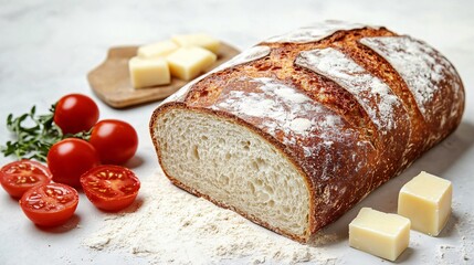 Rustic bread loaf with flour on top, isolated on a light gray background with decorative cheese cubes and sliced tomatoes