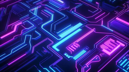 Poster - Abstract neon glowing circuit board pattern.