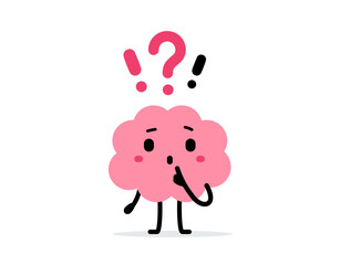 Vector cartoon illustration of cute happy brain kid character with exclamation and question mark on white color background. Flat doodle design style of icon of think brain