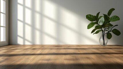 Kitchen wooden countertop on white wall background. Minimalist room with tabletop and plant in vase.