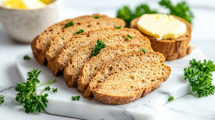 Sliced rustic bread with a golden crust, isolated on a white marble background with decorative butter spread and parsley