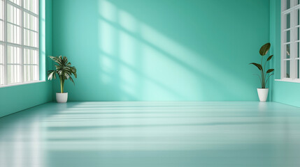 Wall Mural - Minimalistic empty room with teal walls and floor, featuring two potted plants and large windows casting shadows.