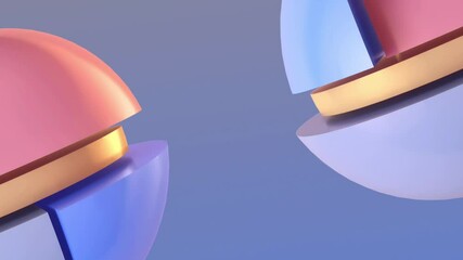 Fototapete - Three-dimensional abstraction in the form of moving spheres composed of segments with light pink and blue layers. 3d rendering digital animation 4K