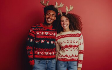 Smiling couple in festive Christmas sweaters with reindeer antlers posing against a red background