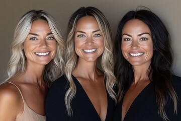 Portrait of three beautiful women smiling and looking at the camera.