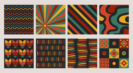 Poster - Groovy backgrounds, retro 1970s cards with patterns, meshes, geometric forms and distorted lines. Vector decorative illustrations, abstract art.