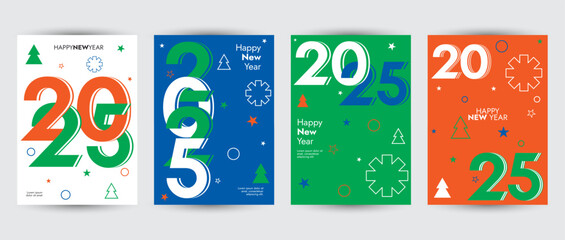 Wall Mural - Creative concept of 2025 Happy New Year collection of geometric shapes backgrounds. Minimalist trendy template design with typography logo 2025 for celebration and season decoration, branding, cover, 