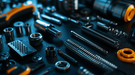 A dramatic close-up of a collection of automotive parts and repair tools, arranged with care on a dark background, their metallic textures highlighted by focused lighting, symboliz