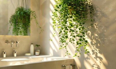 Wall Mural - Hanging plant in the bathroom, 4K hyperrealistic photo