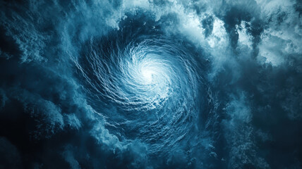Poster - Dramatic swirling storm clouds and turbulent ocean waves forming a spiral vortex, creating an intense atmospheric scene