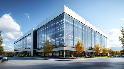 Sticker - Modern office building with large glass windows and autumn trees.