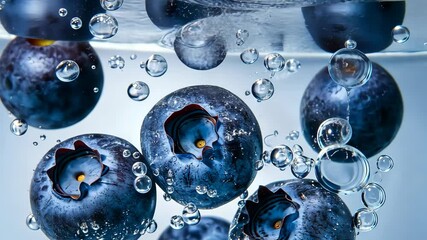 Wall Mural - Blueberries gently floating in sparkling crystal-clear water