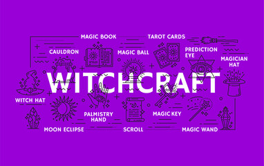 Wall Mural - Witchcraft and magic icons. Mystery esoteric symbols. Supernatural vector line signs as magic book, tarot cards and cauldron, crystal ball, moon eclipse and wand, scroll palmistry hand and witch hat