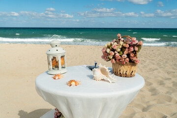 outdoor ceremony, wedding decor, bottle for colored sand, beach wedding, wedding decor, table for outdoor ceremony, signing documents for marriage registration