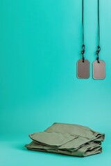 Dog tags placed beside a folded jacket isolated on a light blue background.