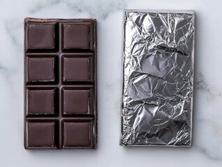 Dark chocolate candy bar packaging mockup with silver foil, top view