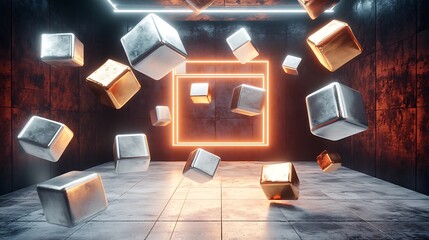 Glowing neon frame and metallic cubes in a dark room.