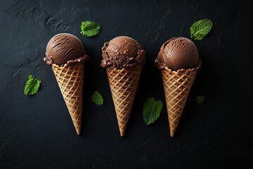 Three chocolate ice cream cones with green leaves. Photo of three chocolate ice cream cones with mint leaves on a black background, top view. Free space for your text.