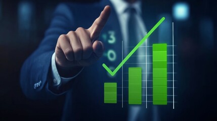 Business growth projection: A hand interacts with a green holographic bar chart depicting an upward trend