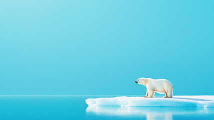 Polar bear standing on a bright blue iceberg, surrounded by calm waters reflecting the serene sky, showcasing Arctic wildlife.