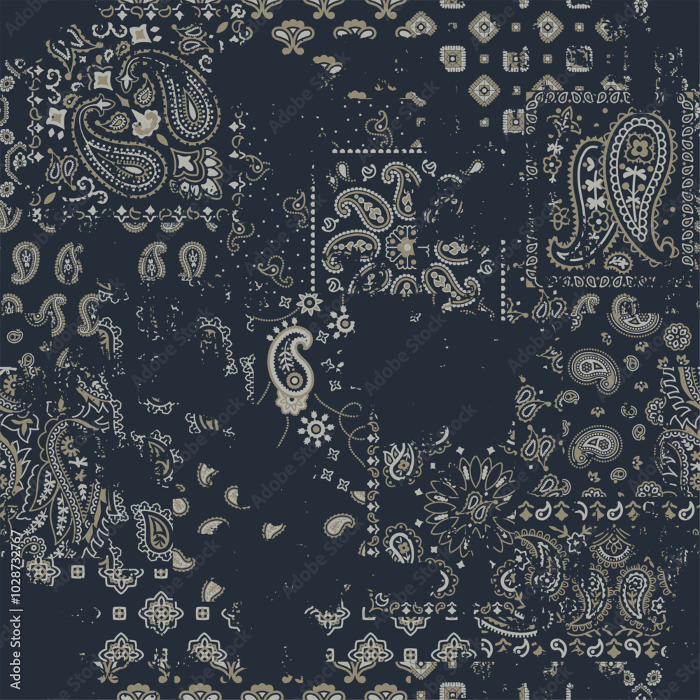 Black bandana paisley fabric patchwork wallpaper abstract vector ...