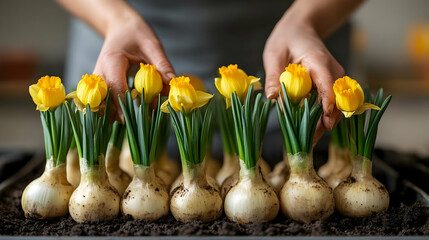 Sticker - Yellow flowers being arranged in soil-filled containers.