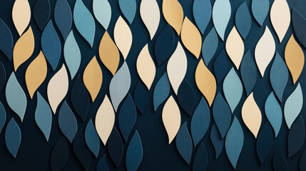 Canvas Print - Abstract textured background with overlapping leaf-shaped patterns in shades of blue, teal, and gold.