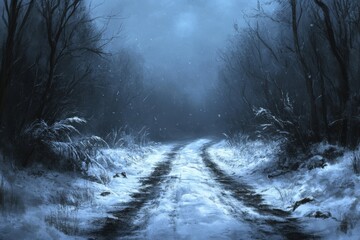 dark snowy winter landscape: road leading to frosty blue forest
