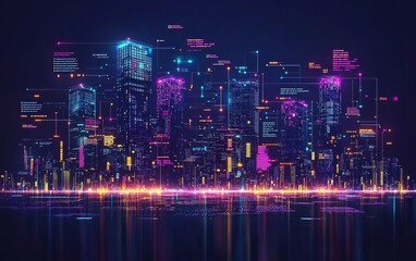 Skyscrapers covered by displays showing source code and diagrams, Night, dark blue and yellow.