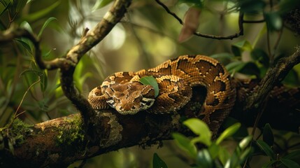 Wall Mural - A Brown Snake Coiled on a Branch in a Lush Green Forest