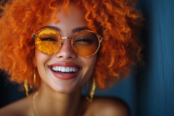 Wall Mural - Woman with orange hair is smiling and wearing sunglasses. vibrant and fashionable woman with orange hair, wearing sunglasses and laughing heartily while posing for camera against dark blue background