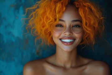 Wall Mural - Woman with orange hair is smiling and wearing sunglasses. vibrant and fashionable woman with orange hair, wearing sunglasses and laughing heartily while posing for camera against dark blue background