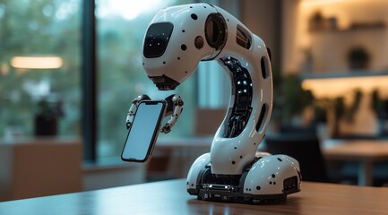 Poster - Robot with a cell phone attached to it is sitting on a table. The robot is white and has a black face. The robot is holding a cell phone in its hand, and it is a toy. The scene is playful