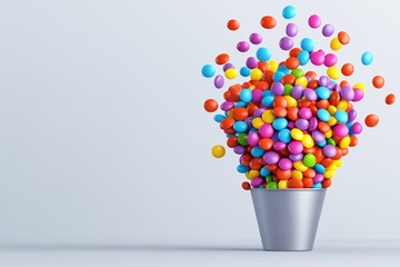 Poster - Colorful bowl of candy is shown with a white background. The bowl is filled with a variety of colorful candies. 3D trophy with a glossy metallic finish, exaggerated proportions for a whimsical feel.