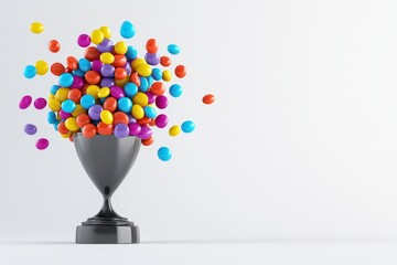 Poster - Colorful bowl of candy is shown with a white background. The bowl is filled with a variety of colorful candies. 3D trophy with a glossy metallic finish, exaggerated proportions for a whimsical feel.