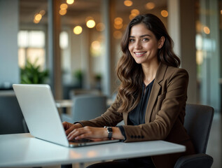 Poster - girl working on laptop on office background. Generative AI